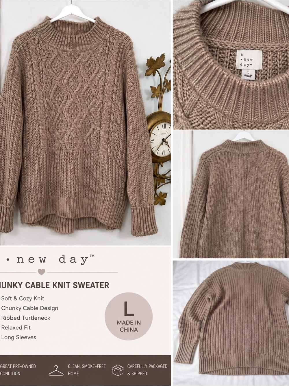 Taupe Chunky Cable Knit Sweater - Taupe L/XL